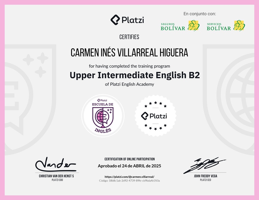 Diploma de la Ruta de Aprendizaje de Inglés Intermedio Alto B2