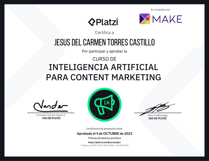 Diploma del Curso de Inteligencia Artificial para Content Marketing