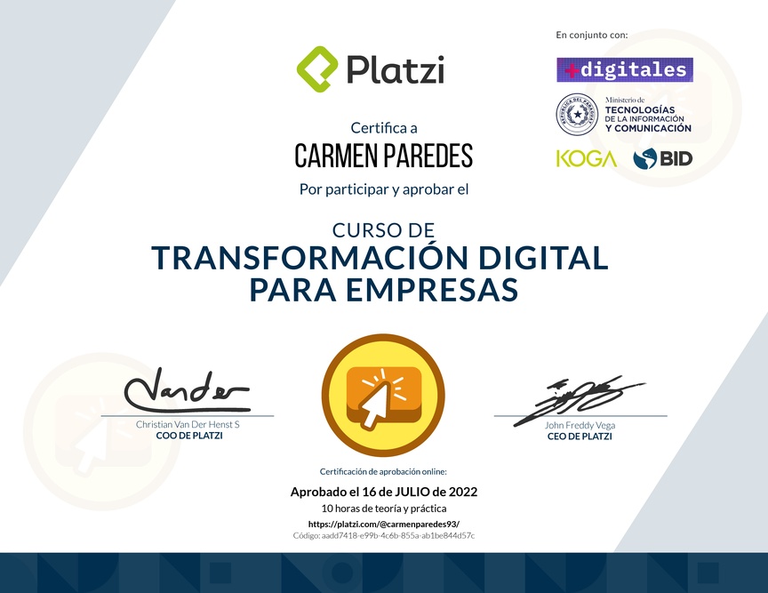 Diploma del Curso de Transformación Digital para el Crecimiento de tu Empresa