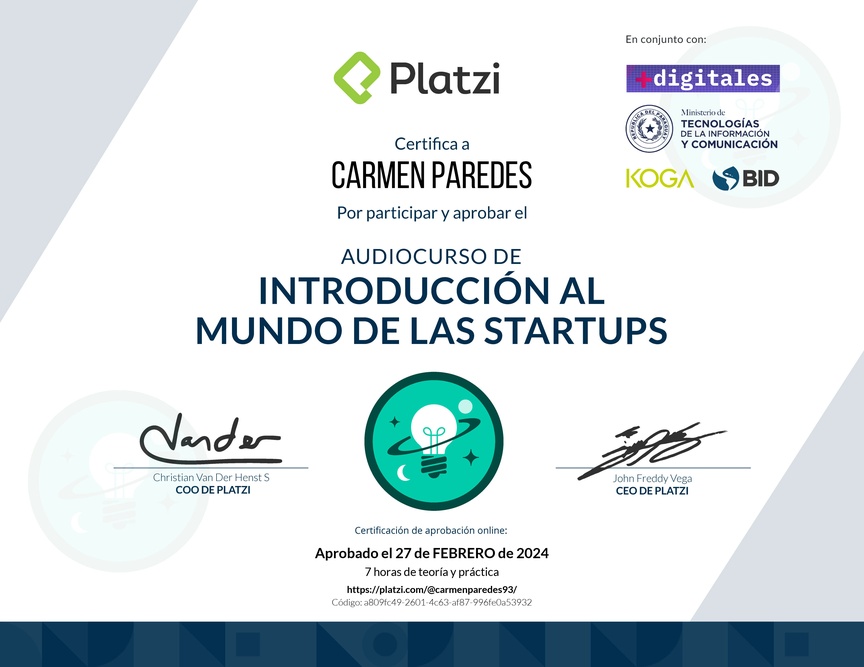 Diploma de Audiocurso de Introducción al Mundo de las Startups