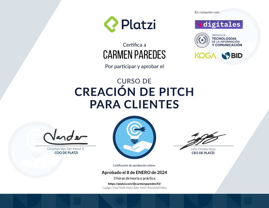 Diploma del Curso de Creación de Pitch para Clientes