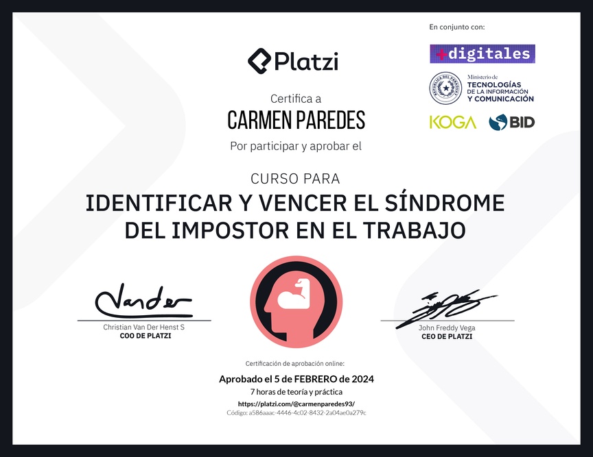 Diploma del Curso para Identificar y Vencer el Síndrome del Impostor