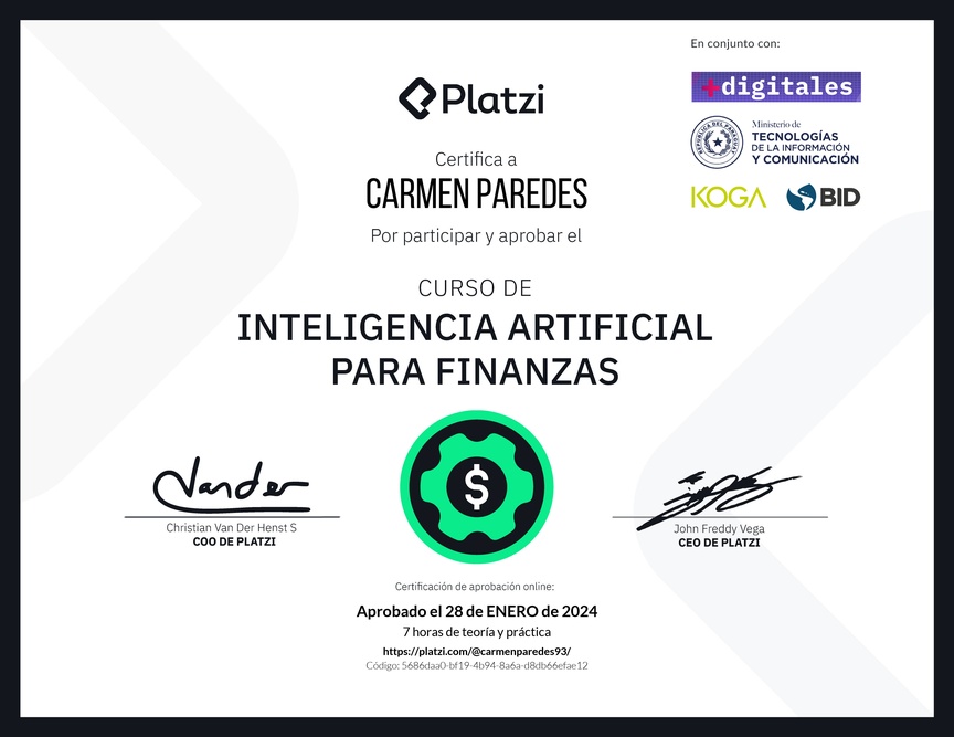 Diploma del Curso de Inteligencia Artificial para Finanzas