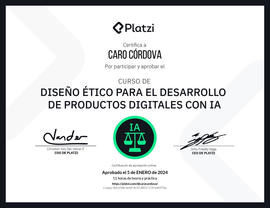 Diploma del Curso de Diseño Ético para el Desarrollo de Productos Digitales con IA