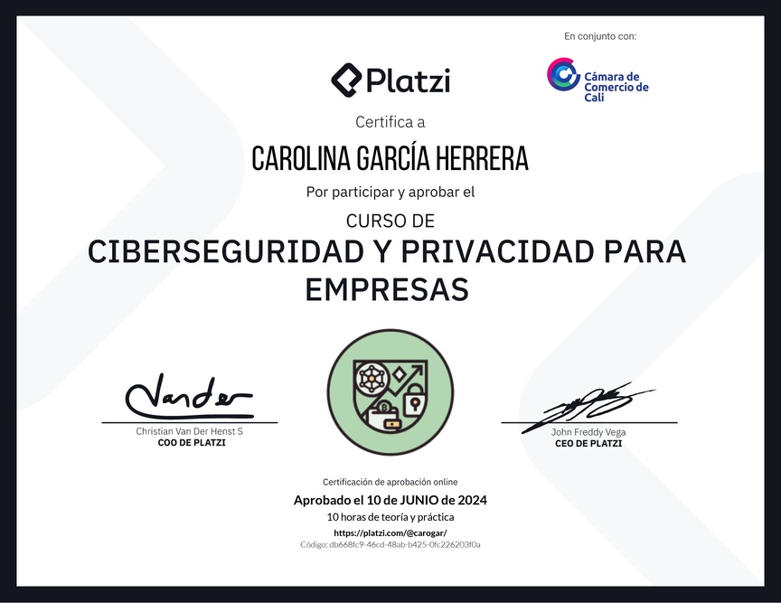 Diploma del Curso de Ciberseguridad y Privacidad Empresarial (2023)