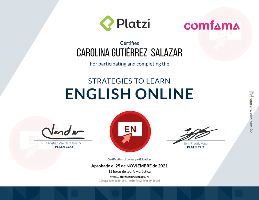 Diploma del Curso de Estrategias para Aprender Inglés Online 2020