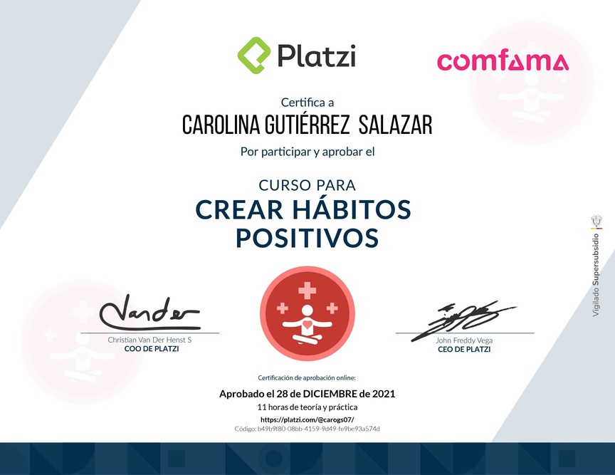 Diploma del Curso para Crear Hábitos Positivos