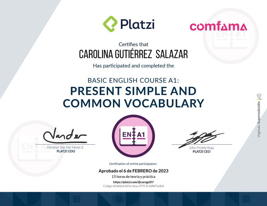 Diploma del Curso de Inglés Básico A1: Presente Simple y Vocabulario Común (2021)