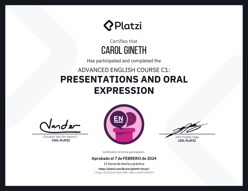 Diploma del Curso de Inglés Avanzado C1: Presentaciones y Expresión Oral