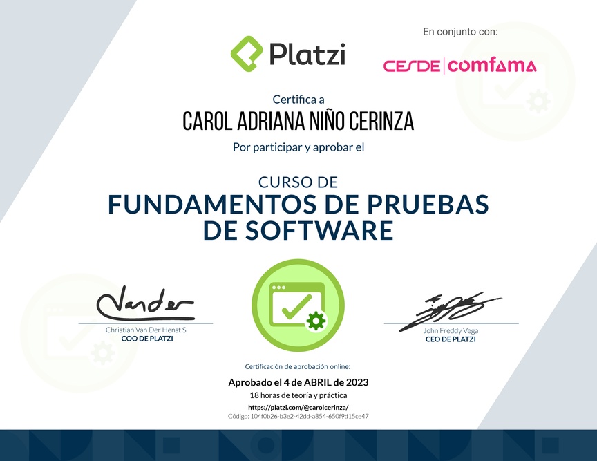 Diploma del Curso de Fundamentos de Pruebas de Software