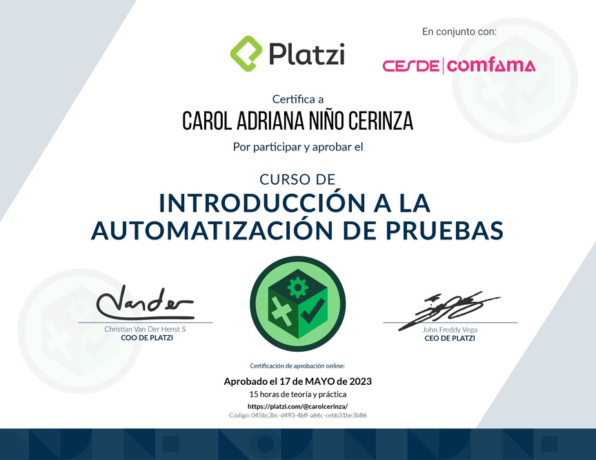 Diploma del Curso de Introducción a la Automatización de Pruebas
