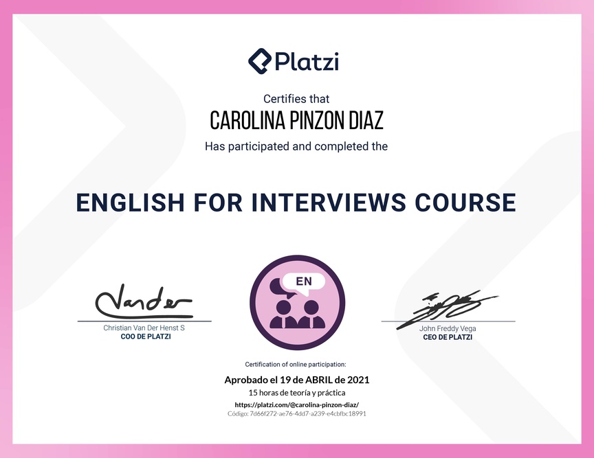 Diploma del Curso para Entrevistas de Trabajo en Inglés (2020)