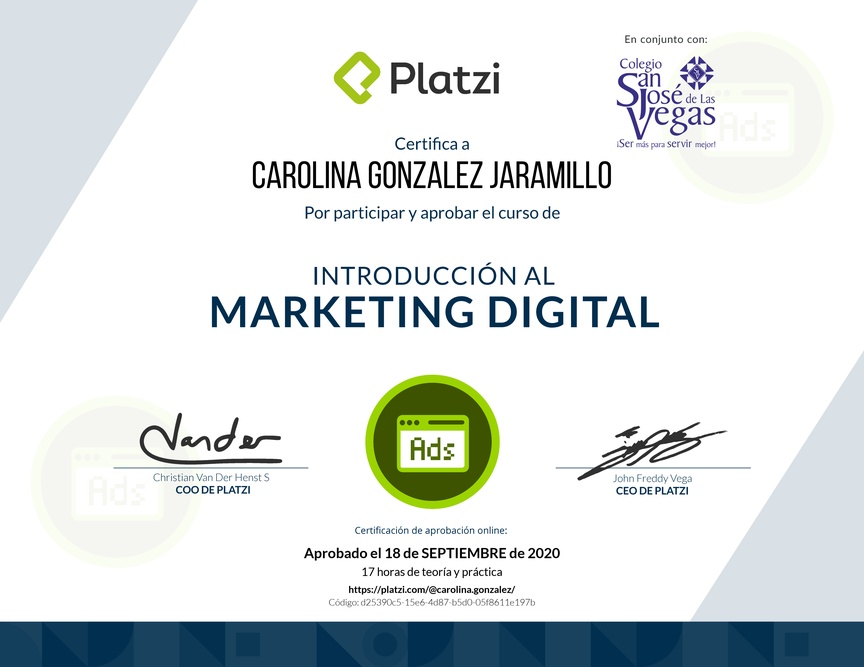 Diploma del Curso de Introducción al Marketing Digital (2018)