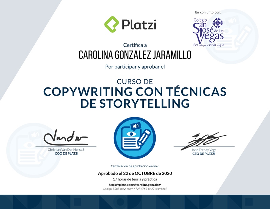 Diploma del Curso de Copywriting con Técnicas de Storytelling