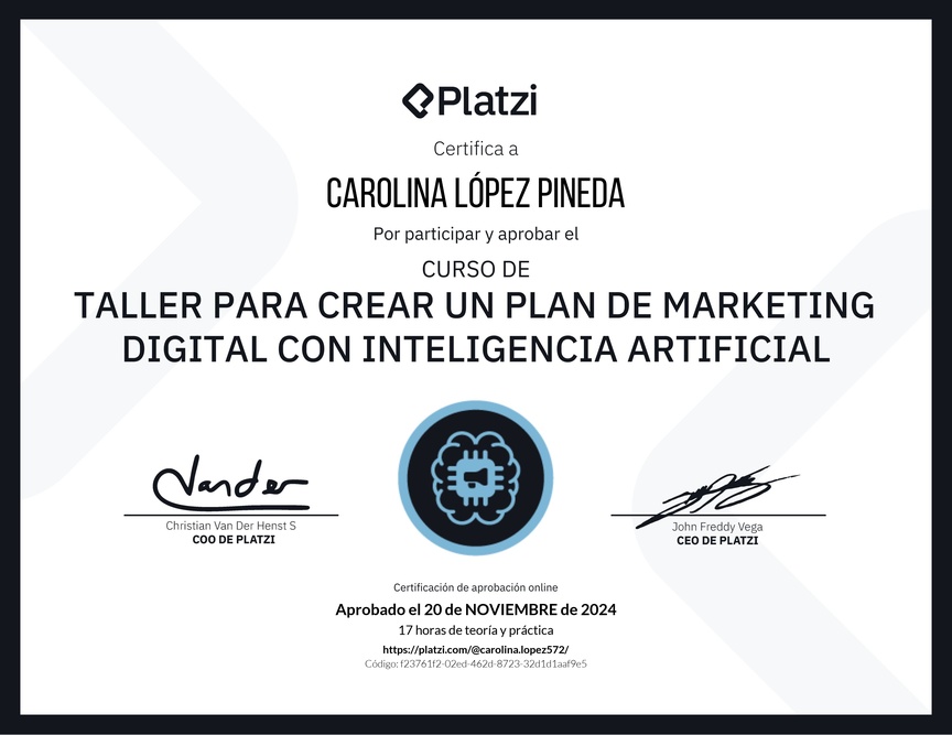 Diploma de Taller para Crear un Plan de Marketing Digital con Inteligencia Artificial