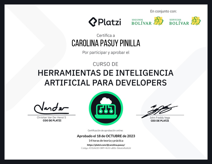 Diploma del Curso de Herramientas de Inteligencia Artificial para Developers (2023)