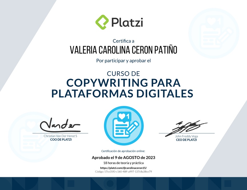Diploma del Curso de Copywriting para Plataformas Digitales