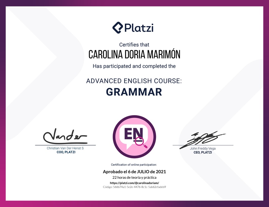 Diploma del Curso Avanzado de Gramática en Inglés (2020)