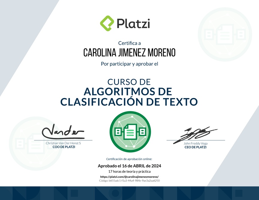 Diploma del Curso de Algoritmos de Clasificación de Texto