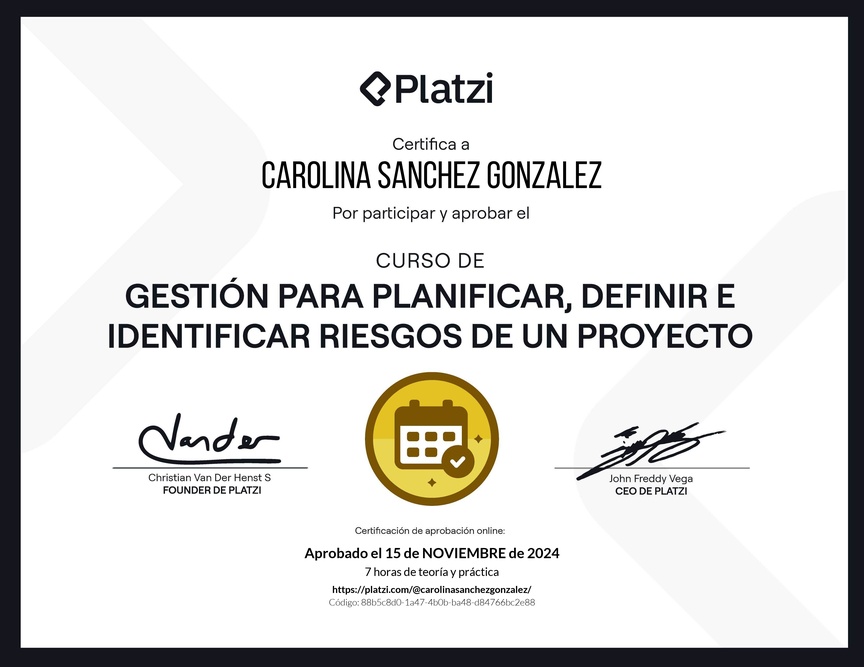 Diploma del Curso de Gestión para Planificar, Definir e Identificar Riesgos de un Proyecto
