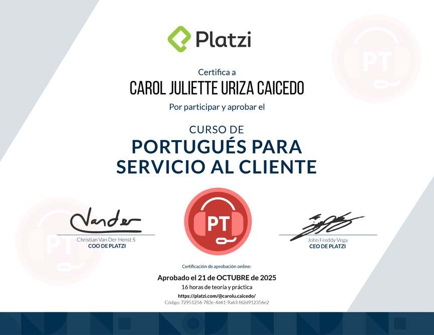 Diploma del Curso de Portugués para Servicio al Cliente