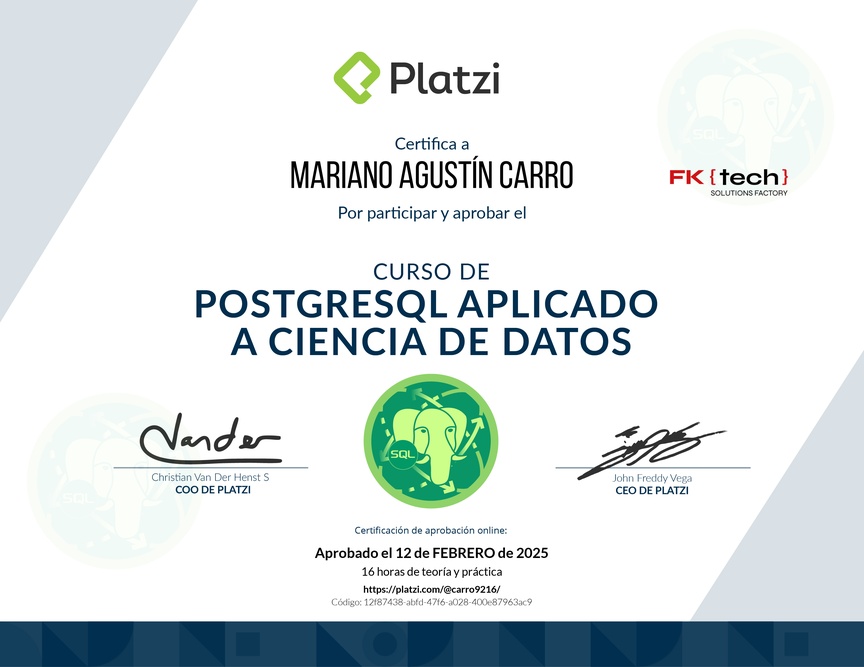 Diploma del Curso de PostgreSQL Aplicado a Ciencia de Datos