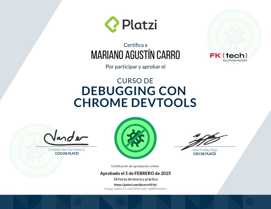 Diploma del Curso de Debugging con Chrome DevTools