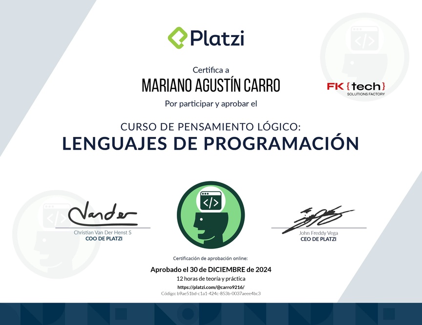 Diploma del Curso de Pensamiento Lógico: Lenguajes de Programación