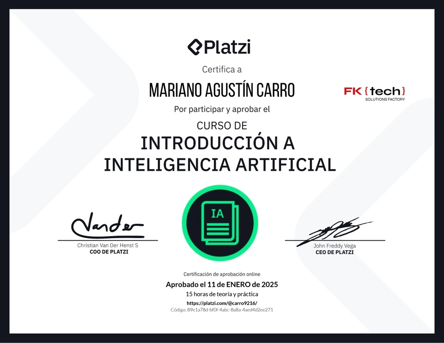 Diploma del Curso de Introducción a Inteligencia Artificial (2023)