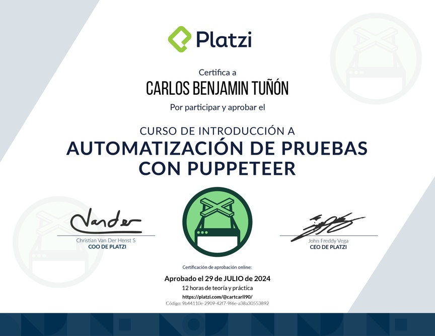 Diploma del Curso de Automatización de Pruebas con Puppeteer