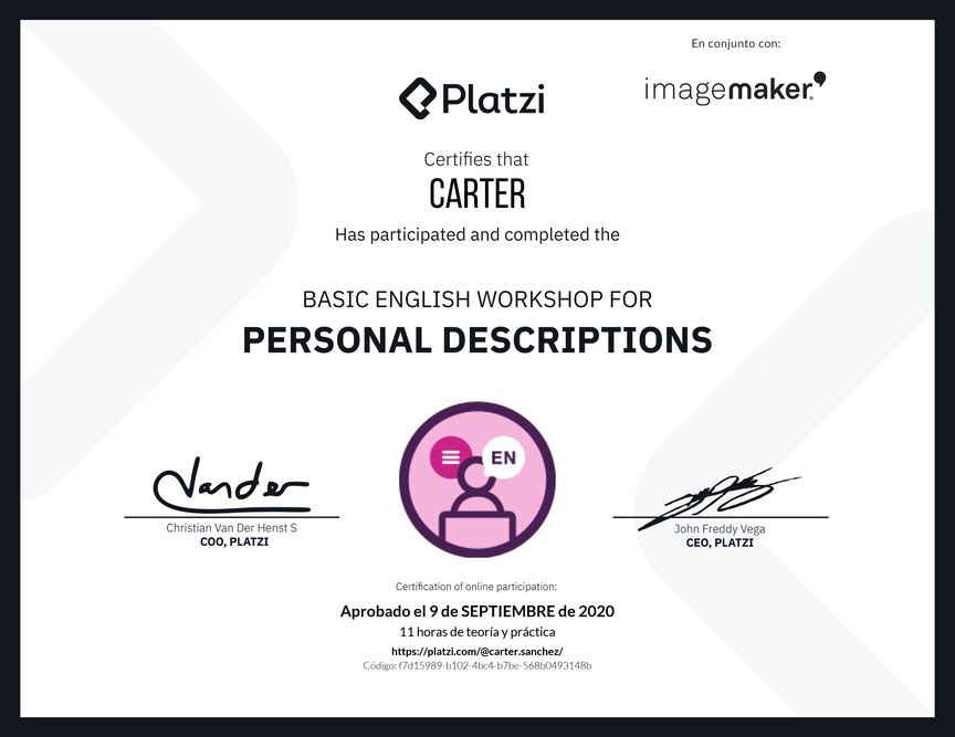 Diploma del Curso de Inglés Práctico para Descripciones Personales (2020=