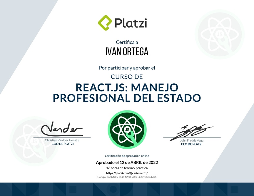 Diploma del Curso de React.js: Manejo Profesional del Estado