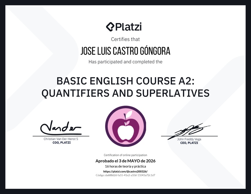 Diploma del Curso de Inglés Básico A2: Cuantificadores y Superlativos