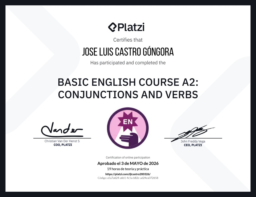Diploma del Curso de Inglés Básico A2: Conjunciones y Verbos