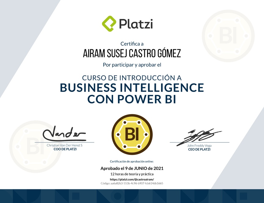Diploma del Curso de Introducción a Business Intelligence con Power BI