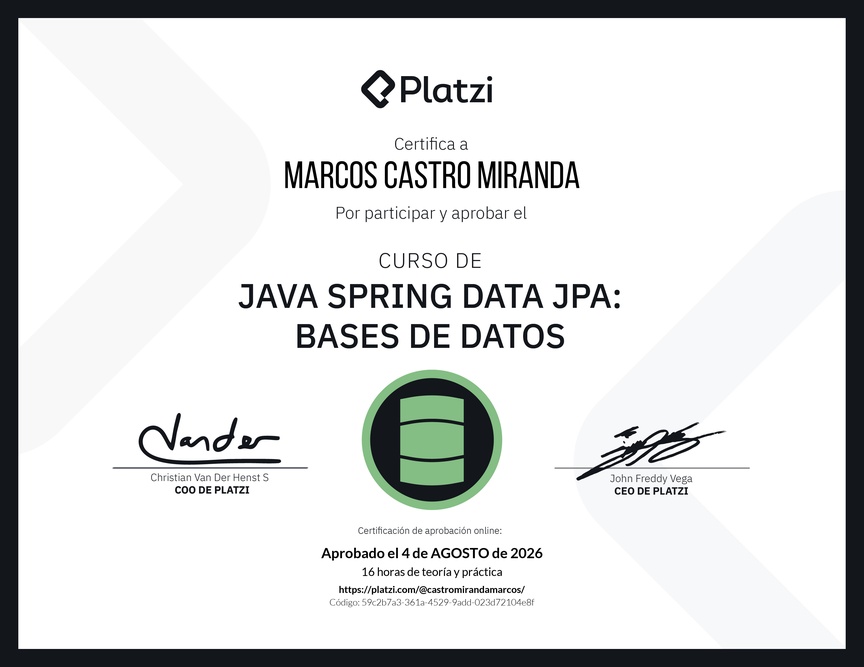 Diploma del Curso de Java Spring Data JPA: Bases de Datos