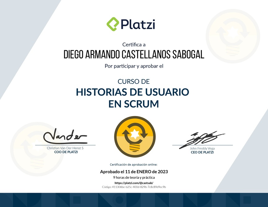 Diploma del Curso de Historias de Usuario en Scrum
