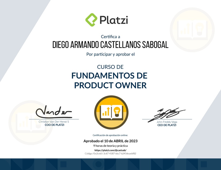 Diploma del Curso de Fundamentos de Product Owner
