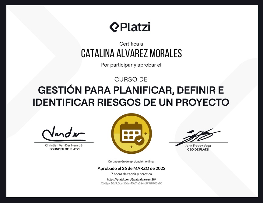 Diploma del Curso de Gestión para Planificar, Definir e Identificar Riesgos de un Proyecto