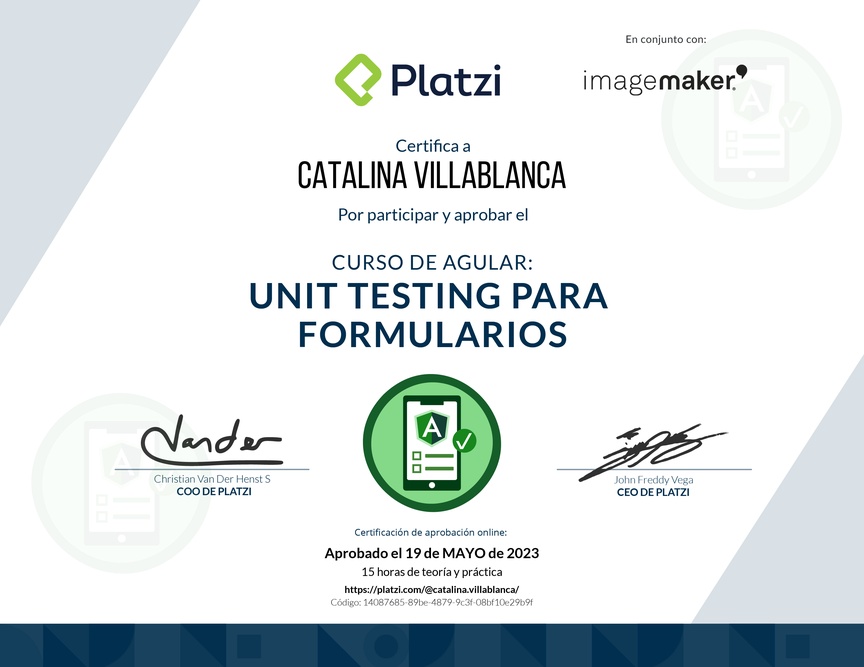 Diploma del Curso de Angular: Unit Testing para Formularios