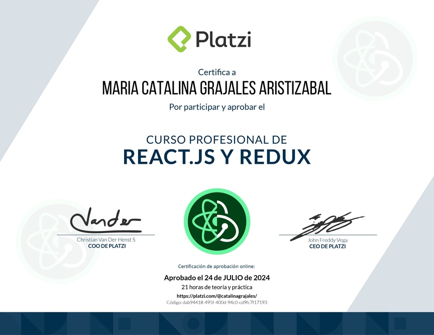Diploma del Curso Profesional de React.js y Redux
