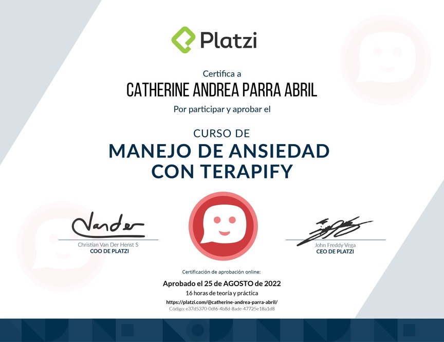 Diploma del Curso de Manejo de Ansiedad con Terapify