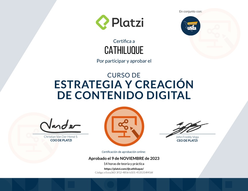 Diploma del Curso de Estrategia y Creación de Contenido Digital