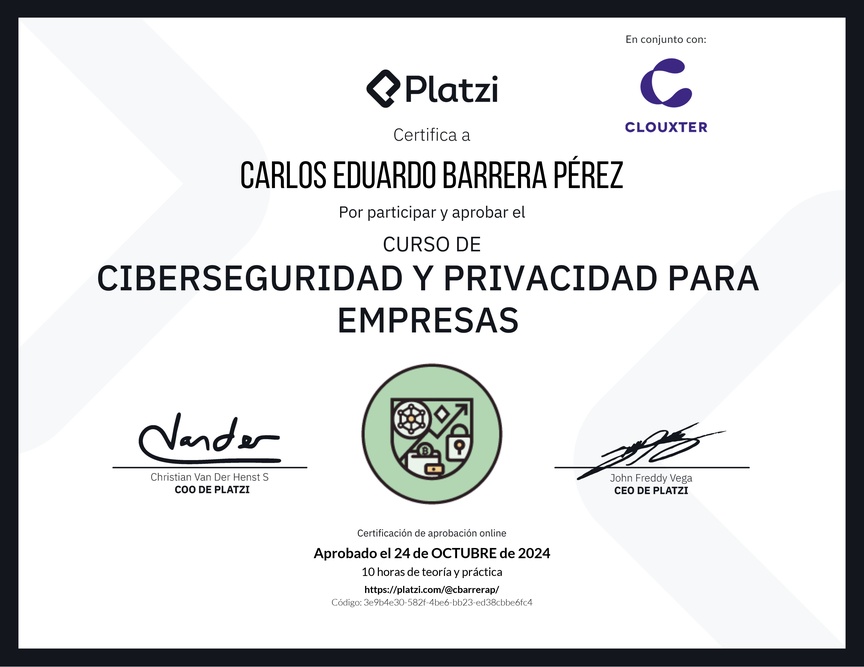 Diploma del Curso de Ciberseguridad y Privacidad Empresarial (2023)