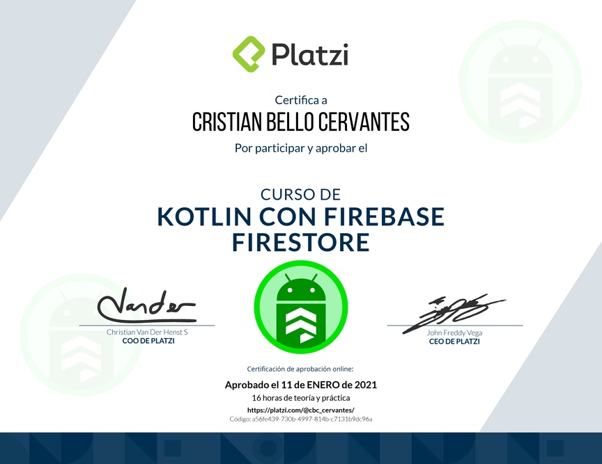 Diploma del Curso de Kotlin con Firebase Firestore