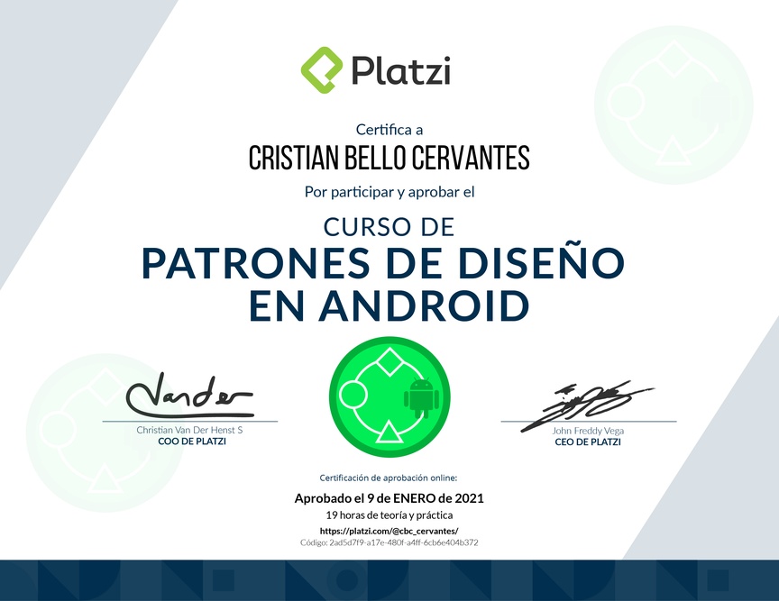 Diploma del Curso de Patrones de Diseño en Android