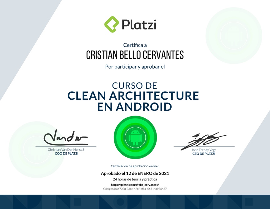 Diploma del Curso de Clean Architecture en Android