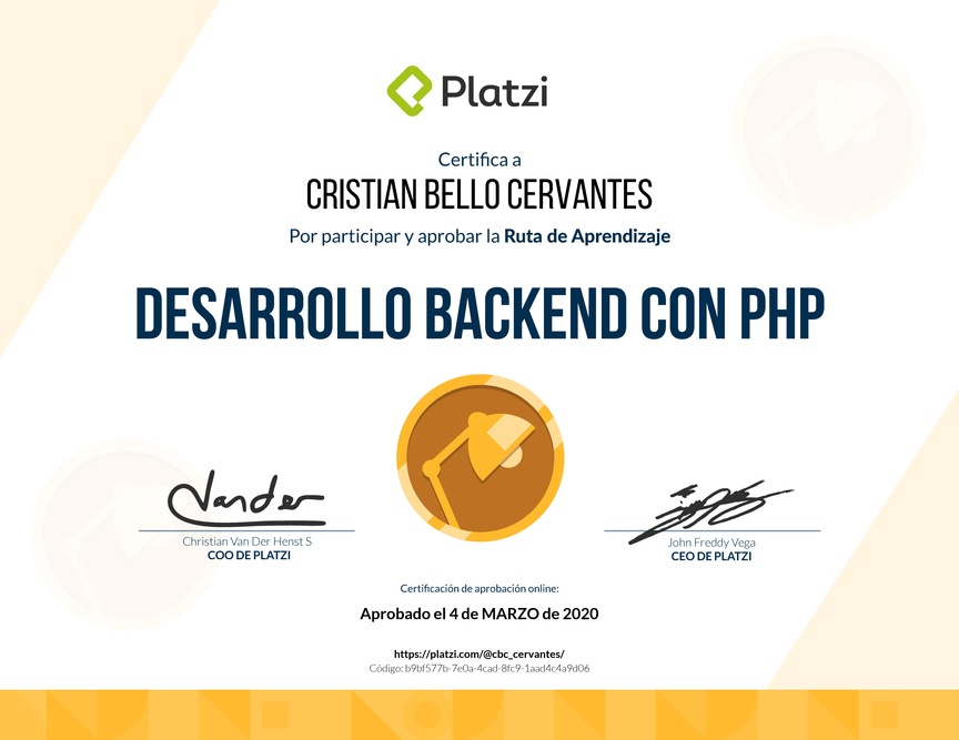 Diploma de la Ruta de Aprendizaje de Desarrollo Web Backend con PHP