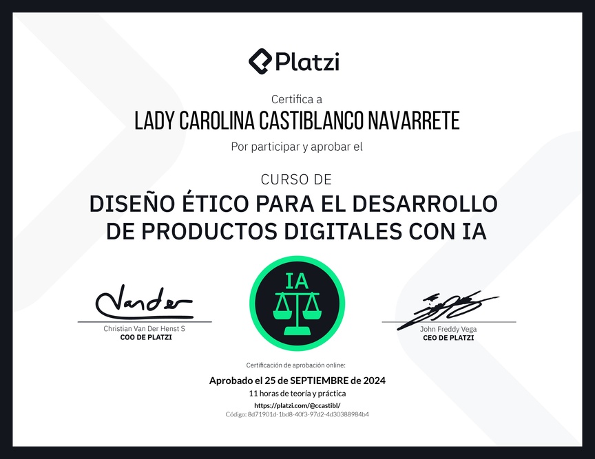 Diploma del Curso de Diseño Ético para el Desarrollo de Productos Digitales con IA