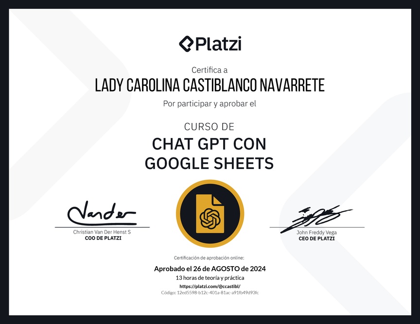 Diploma del Curso de ChatGPT con Google Sheets
